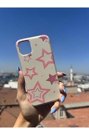 Samsung Galaxy A32 Uyumlu Pembe Yıldızlar Tasarımlı Telefon Kılıfı - Krem