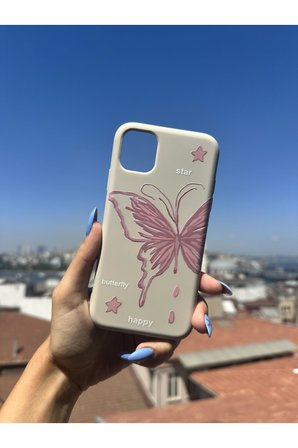 Samsung Galaxy A34 Uyumlu Pembe Kelebek Tasarımlı Telefon Kılıfı - Krem