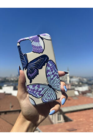 Samsung Galaxy A55 Uyumlu Mor Kelebek Tasarımlı Telefon Kılıfı - Krem