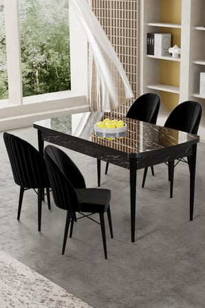 Gale Serisi 80x132 Açılabilir Lak Panel Siyah Mermer Desen Mutfak Masa Takımı 4 Siyah Sandalye
