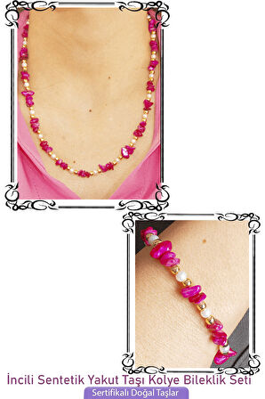 Sertifikalı İncili Sentetik Yakut Taşlı Doğal Taş Kolye Bileklik Seti