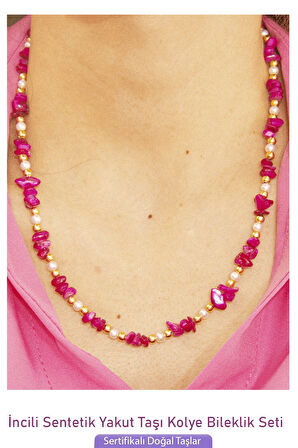 Sertifikalı İncili Sentetik Yakut Taşlı Doğal Taş Kolye Bileklik Seti