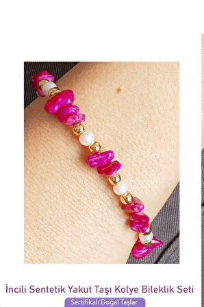 Sertifikalı İncili Sentetik Yakut Taşlı Doğal Taş Kolye Bileklik Seti