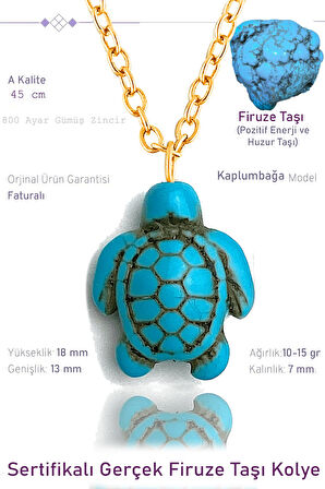 Sertifikalı Gold Kaplumbağa Model Gerçek Firuze Taşı Kolye ve Küpe Seti