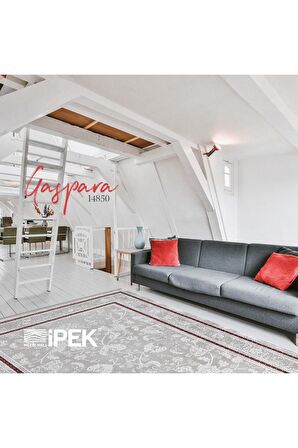 İpek Mekik Halı Gaspara Bordo Gri Çerçeveli Motifli Halı