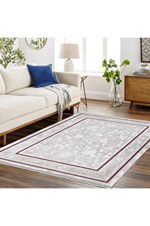 İpek Mekik Halı Gaspara Bordo Gri Çerçeveli Motifli Halı