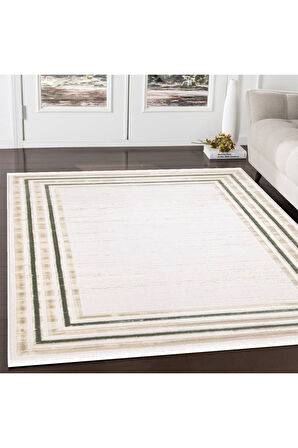 İpek Mekik Halı Gaspara Yeşil Vizon Çerçeve Desenli Halı