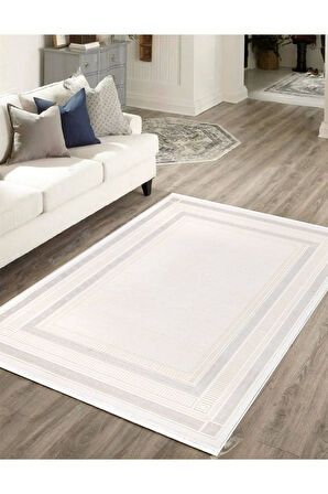 İpek Mekik Halı Gaspara Gri Ekru Modern Çerçeveli Halı