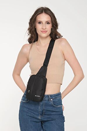 Gbag Unisex Çapraz Askılı Ortadan Fermuarlı Vücut Çantası Body Bag Omuz Askılı Çanta Siyah