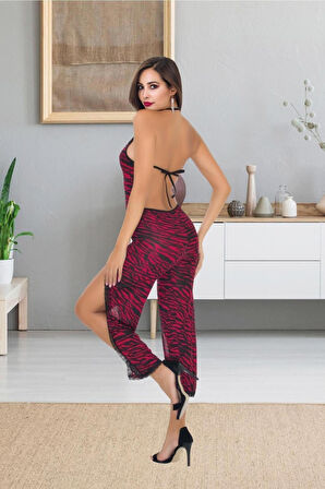 Kadın Zebra Desen Bordo  Dantelli Askılı Tulum Gecelik Pijama Gecelik