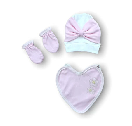 Baharın Çiçekli Kalbi Nakışlı %100 Cotton Antibakteriyel 5li Zıbın Takımı Hastane Çıkışı Pembe