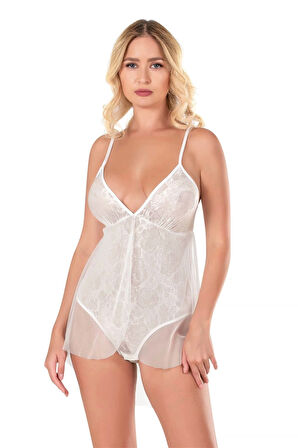 Ekru Jakarlı Bodysuit Gecelik