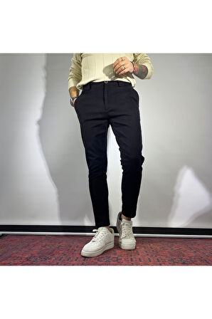 Slim Fit Beli Lastikli Gabardin Erkek Siyah Pantolon