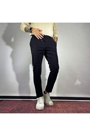 Slim Fit Beli Lastikli Gabardin Erkek Siyah Pantolon