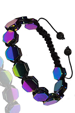 Sertifikalı Altıgen Aura Hematit Taşı Bileklik - Makrome