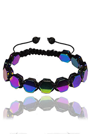 Sertifikalı Altıgen Aura Hematit Taşı Bileklik - Makrome