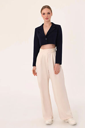 Kadın Taş Çift Düğmeli Keten Palazzo Pantolon