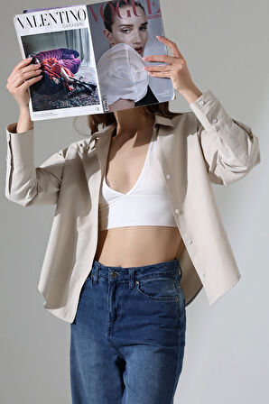 Kadın Gömlek Taş Renk Oversize Rahat Kesim Poplin Kumaş Gomlek