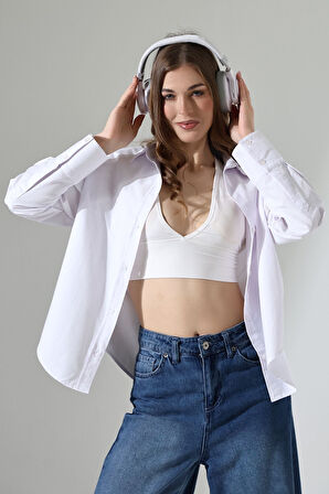 Kadın Gömlek Beyaz Renk Oversize Rahat Kesim Poplin Kumaş Gomlek