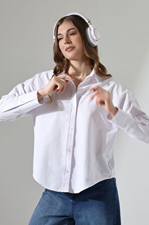 Kadın Gömlek Beyaz Renk Oversize Rahat Kesim Poplin Kumaş Gomlek