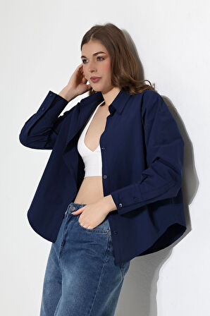 Kadın Gömlek Lacivert Renk Oversize Rahat Kesim Poplin Kumaş Gomlek