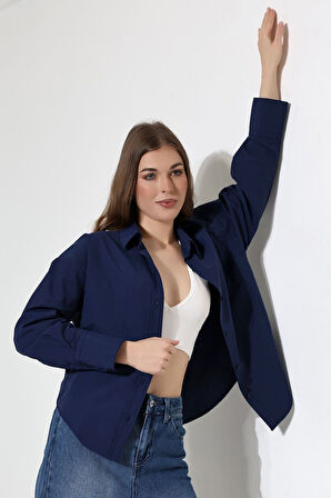 Kadın Gömlek Lacivert Renk Oversize Rahat Kesim Poplin Kumaş Gomlek