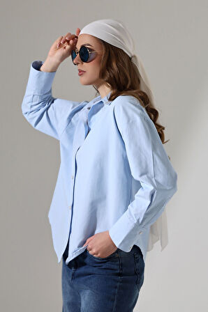 Kadın Gömlek Mavi Renk Oversize Rahat Kesim Poplin Kumaş Gomlek