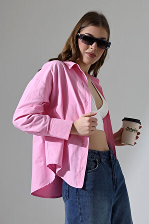 Kadın Gömlek Toz Şeker Pembe Oversize Rahat Kesim Poplin Kumaş Gomlek