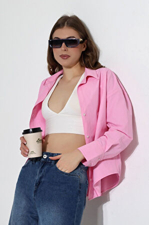 Kadın Gömlek Toz Şeker Pembe Oversize Rahat Kesim Poplin Kumaş Gomlek
