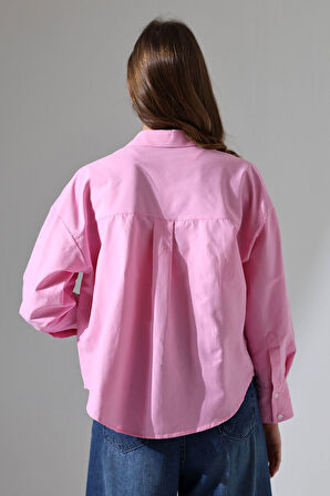 Kadın Gömlek Toz Şeker Pembe Oversize Rahat Kesim Poplin Kumaş Gomlek
