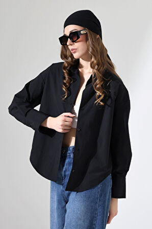 Kadın Gömlek Siyah Renk Oversize Rahat Kesim Poplin Kumaş Gomlek