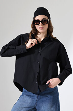 Kadın Gömlek Siyah Renk Oversize Rahat Kesim Poplin Kumaş Gomlek