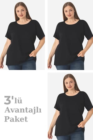 Özel Üretim Günlük Giyim Temel Parça Hafta Sonu Kadın Büyük Beden Pamuklu Tişört Siyah 3'lü Paket
