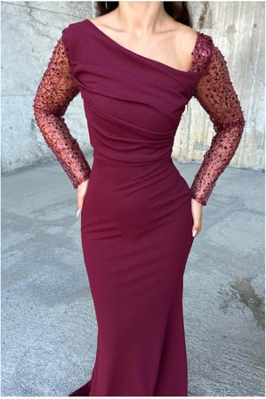 STR STORE Asimetrik Taş Abiye Yaka Elbise Maxi Detaylı · Renk: Saks · Beden: XL GBZS