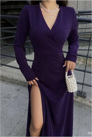 STR STORE Krep Kumaş Abiye Kruvaze Yaka Elbise Yırtmaçlı Maxi · Renk: Siyah · Beden: S GBZS