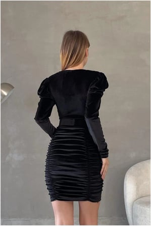 STR STORE Esnek Kemerli Kadife Elbise Abiye V Yaka Kumaş · Renk: Siyah · Beden: M GBZS