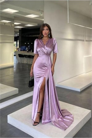 STR STORE Saten Kumaş Abiye Kruvaze Yaka Elbise · Renk: Gülkurusu · Beden: S GBZS