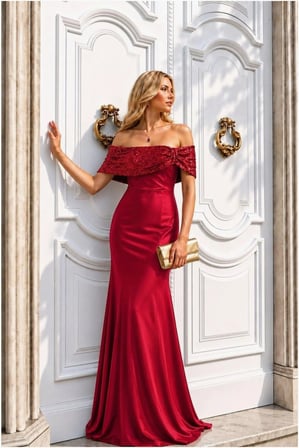 STR STORE Kayık Elbise Payetli Abiye Yaka Balık Kesim · Renk: Kırmızı · Beden: M GBZS