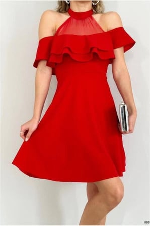 STR STORE Tül Elbise Volanlı Mini Yaka Kayık Kumaş · Renk: Saks · Beden: M GBZS