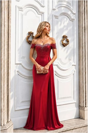 STR STORE Saten Elbise Maxi Abiye Yaka Carmen Kumaş · Renk: Zümrüt · Beden: M GBZS