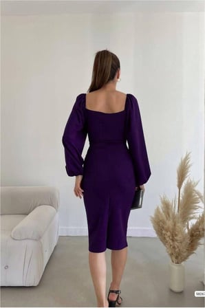 STR STORE Krep Kemerli Elbise Kalp Midi Yaka Kumaş · Renk: Zümrüt · Beden: M GBZS
