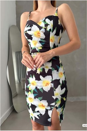 STR STORE Scuba Yırtmaçlı Elbise Kalp Mini Yaka Esnek Kumaş · Renk: Çok Renkli · Beden: M GBZS