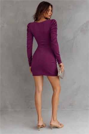 STR STORE Kadife Elbise Kollu Abiye V Yaka Uzun Kumaş · Renk: Koyu Mor · Beden: S GBZS