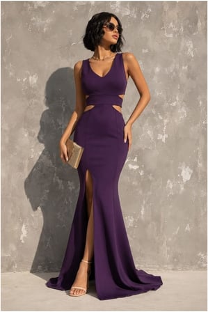 STR STORE V Yırtmaçlı Elbise Maxi Abiye Yaka Askılı · Renk: Mor · Beden: L GBZS