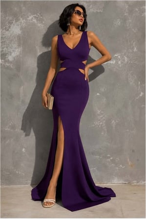 STR STORE V Yırtmaçlı Elbise Maxi Abiye Yaka Askılı · Renk: Mor · Beden: L GBZS