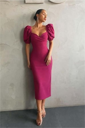 STR STORE Kalp Yırtmaçlı Elbise Balon Kollu Yaka · Renk: Fuşya · Beden: M GBZS