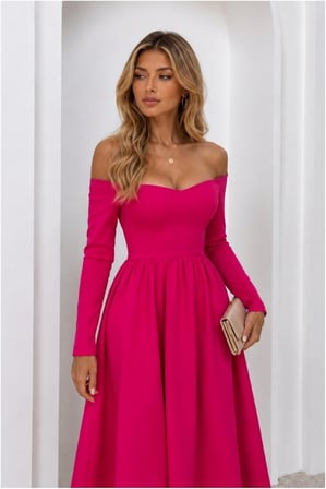 STR STORE Kayık Elbise Kollu Abiye Midi Yaka Uzun · Renk: Fuşya · Beden: M GBZS