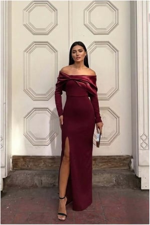 STR STORE Esnek Kumaş Abiye Saten Carmen Yaka Elbise Yırtmaçlı · Renk: Zümrüt · Beden: 2XL GBZS