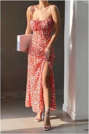 STR STORE Dokuma Yırtmaçlı Elbise Askılı Kumaş · Renk: Turuncu · Beden: M GBZS
