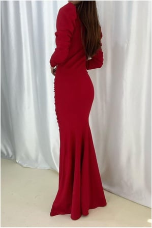 STR STORE Krep Elbise Abiye V Yaka Balık Kumaş Kesim · Renk: Kırmızı · Beden: S GBZS